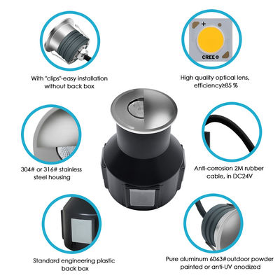 LED Untergrundleuchten 1W 2W DC12/24V IP67 Aluminiumgehäuse Edelstahl-Frontabdeckung Harz gefüllt