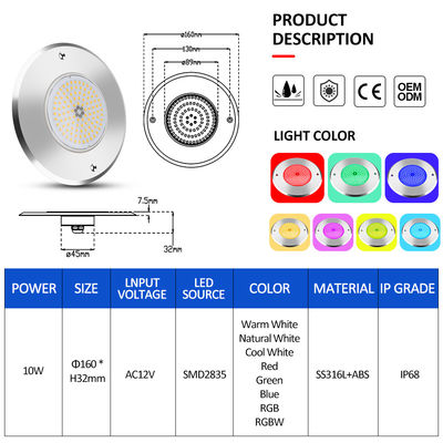 316L Edelstahl-Badlicht DIA 160mm*32mm AC12v mit Fernbedienung