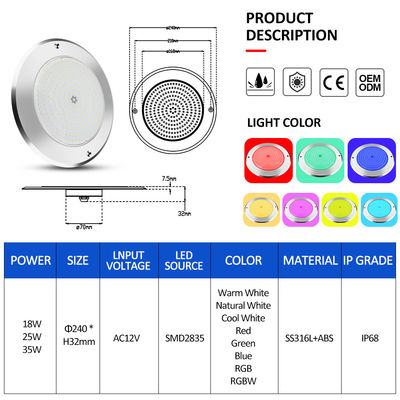 SUS316 Abdeckung IP68 DC12V 3000K Unterwasser LED SPA Teichbeleuchtung
