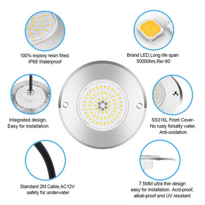 Par 56 RGB LED Schwimmbadleuchte 6W 10W 18W 25W 35W 42W ultraflach 7,5 mm superdünn harzgefüllt AC 12V Spannung SMD LED mit SS316L Material