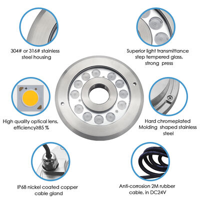 LED-Springbrunnenleuchte DMX 512 Einbau IP68 12W 24W RGB Edelstahl Wasserstrahl